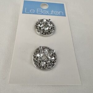 Le Bouton Pair of Silver Crystal Buttons Round 3/4" 19mm New On Card